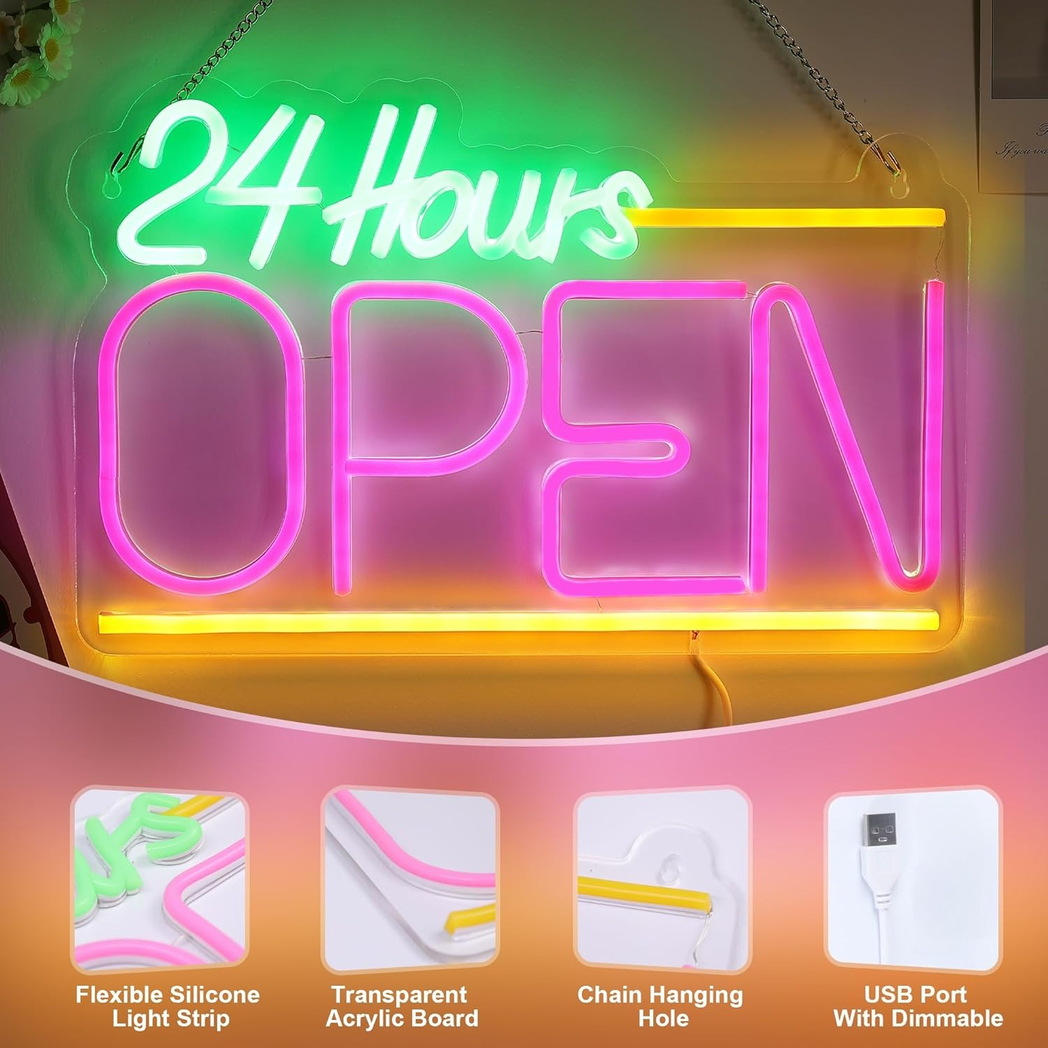 Open 24 Hours Neon Sign USB LE – Decor Lighting Opening Hours recenzja i cena